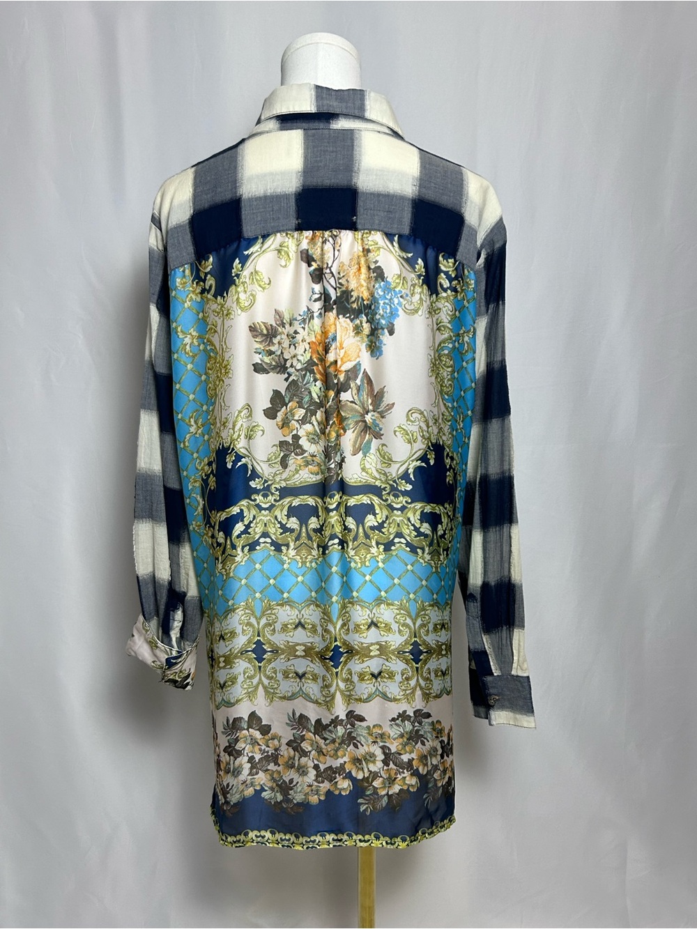 Soft Surroundings Navy & White Plaid Button-Down Shirt Scarf Print Women’s XL